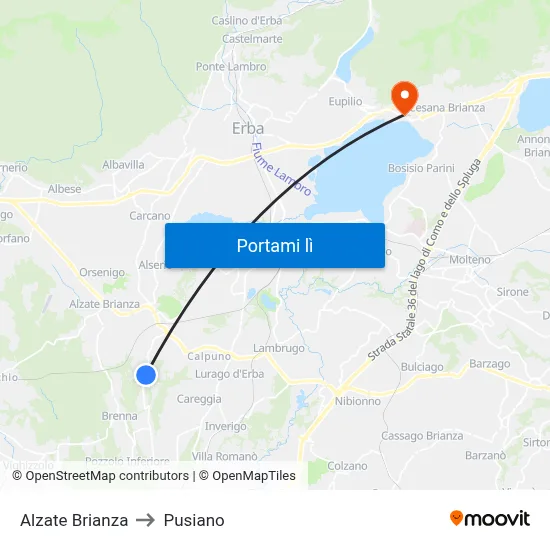 Alzate Brianza to Pusiano map