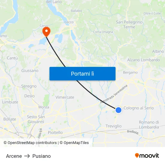 Arcene to Pusiano map