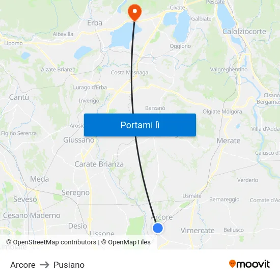 Arcore to Pusiano map