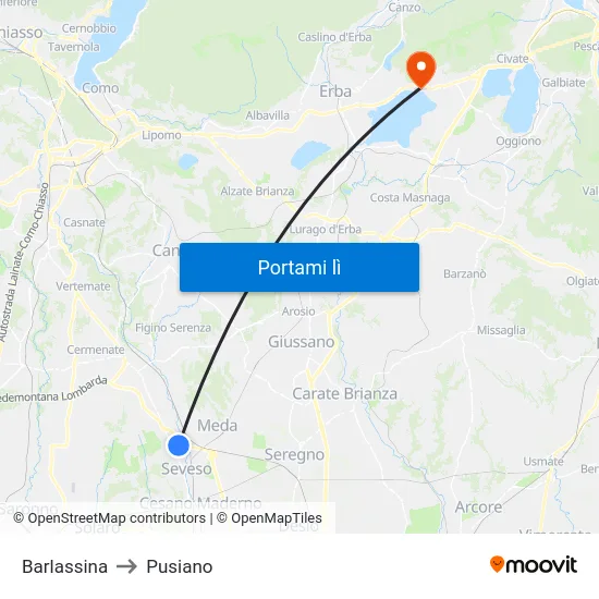 Barlassina to Pusiano map