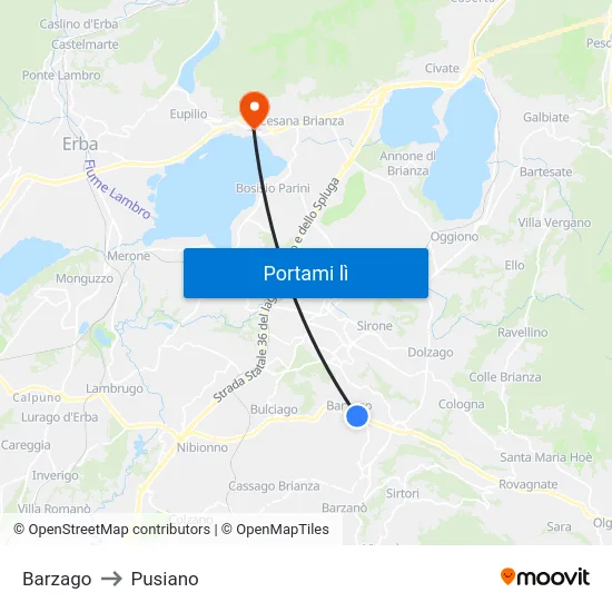 Barzago to Pusiano map