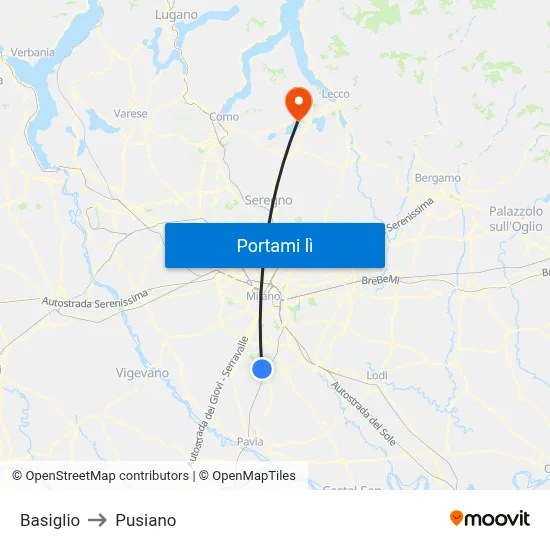 Basiglio to Pusiano map