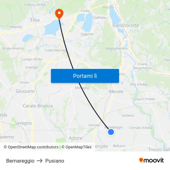 Bernareggio to Pusiano map