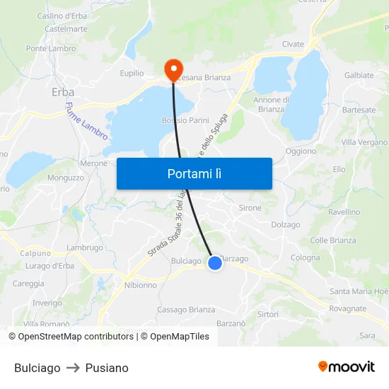 Bulciago to Pusiano map