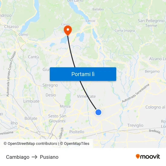 Cambiago to Pusiano map