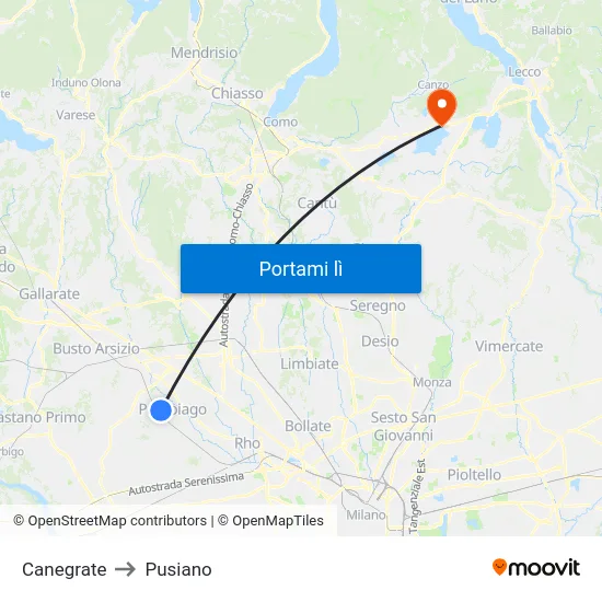 Canegrate to Pusiano map