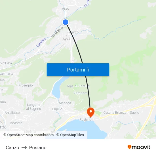 Canzo to Pusiano map