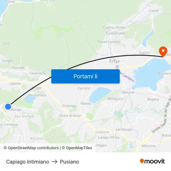 Capiago Intimiano to Pusiano map