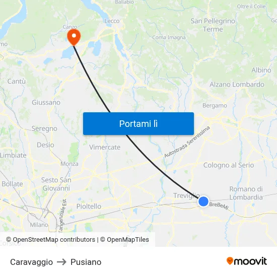 Caravaggio to Pusiano map