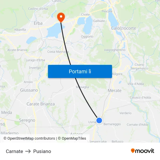 Carnate to Pusiano map
