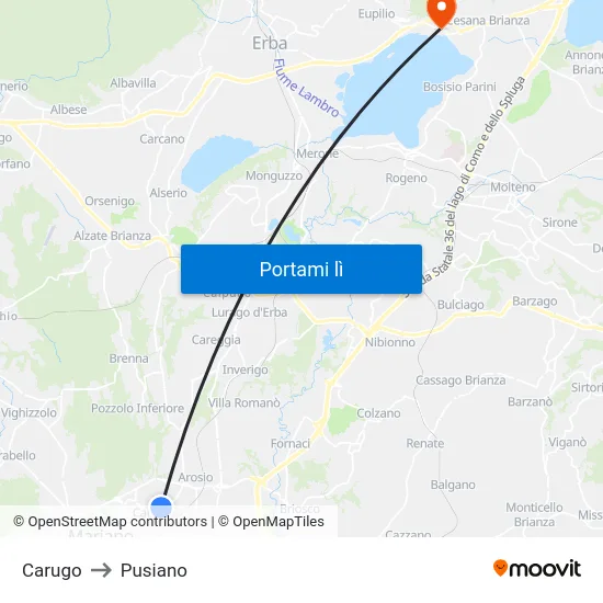 Carugo to Pusiano map