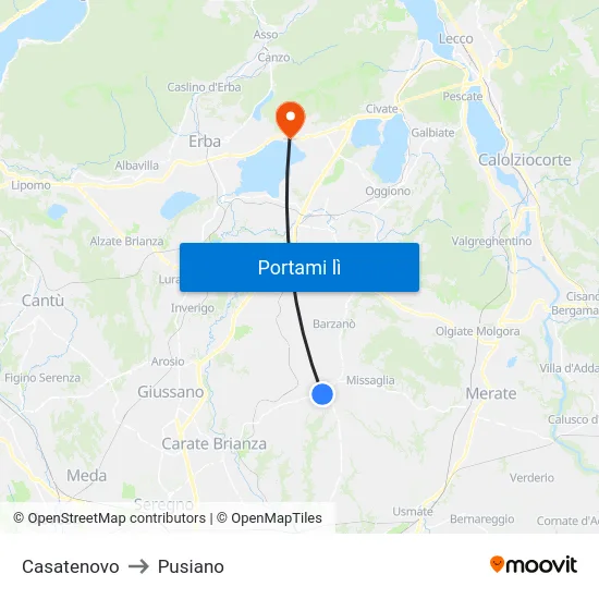 Casatenovo to Pusiano map