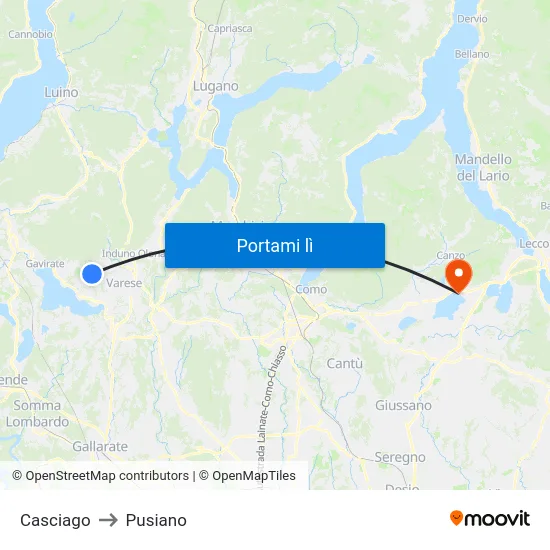 Casciago to Pusiano map