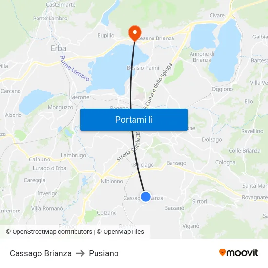 Cassago Brianza to Pusiano map