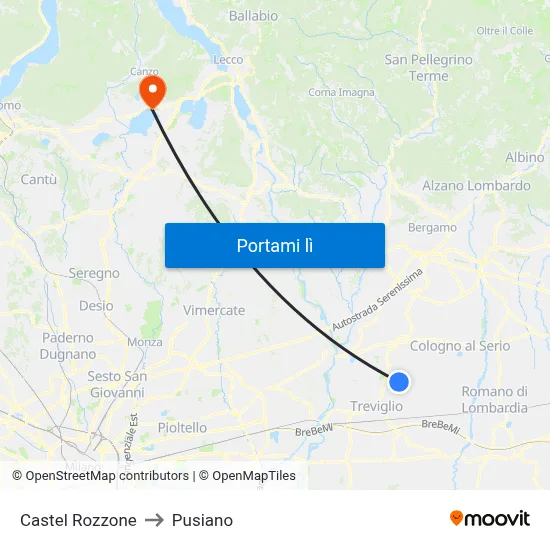 Castel Rozzone to Pusiano map