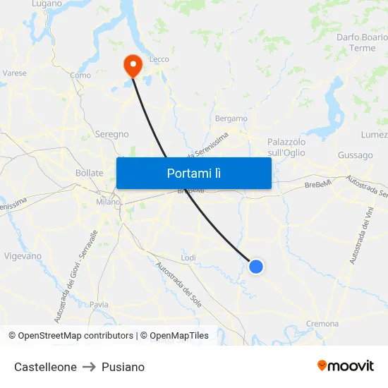 Castelleone to Pusiano map