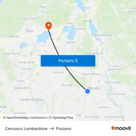 Cernusco Lombardone to Pusiano map