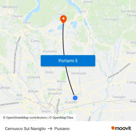 Cernusco Sul Naviglio to Pusiano map