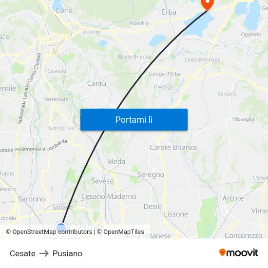 Cesate to Pusiano map