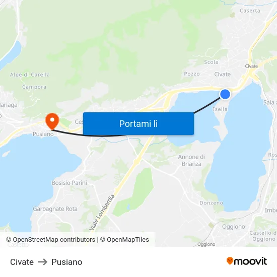 Civate to Pusiano map