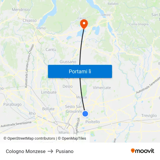 Cologno Monzese to Pusiano map