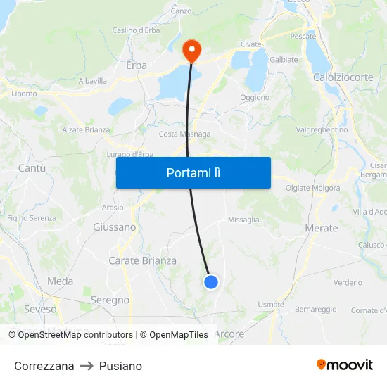 Correzzana to Pusiano map