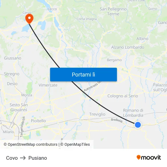 Covo to Pusiano map