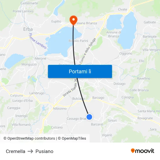 Cremella to Pusiano map