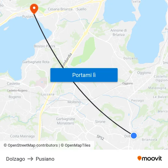 Dolzago to Pusiano map