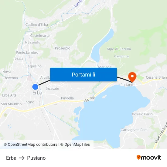 Erba to Pusiano map