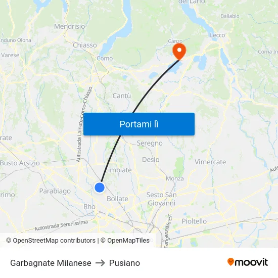 Garbagnate Milanese to Pusiano map