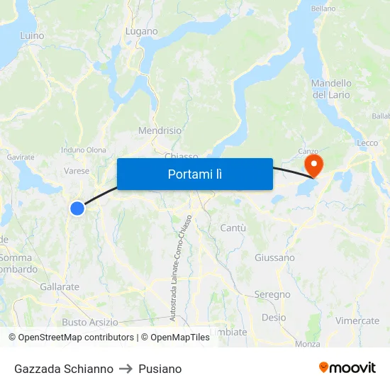 Gazzada Schianno to Pusiano map