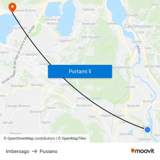 Imbersago to Pusiano map