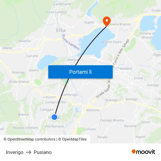 Inverigo to Pusiano map
