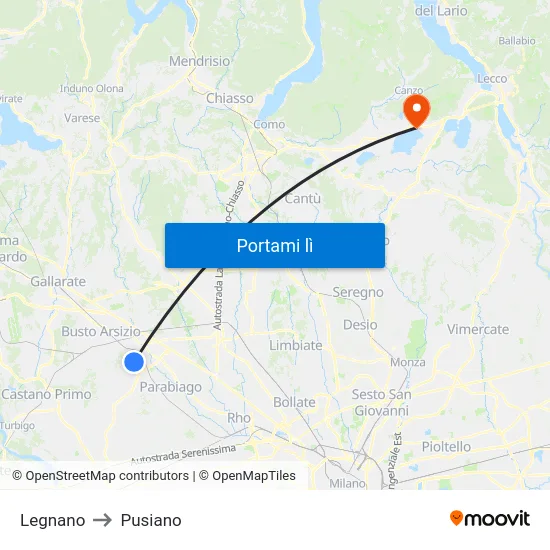 Legnano to Pusiano map