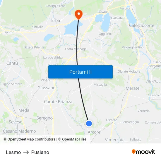 Lesmo to Pusiano map