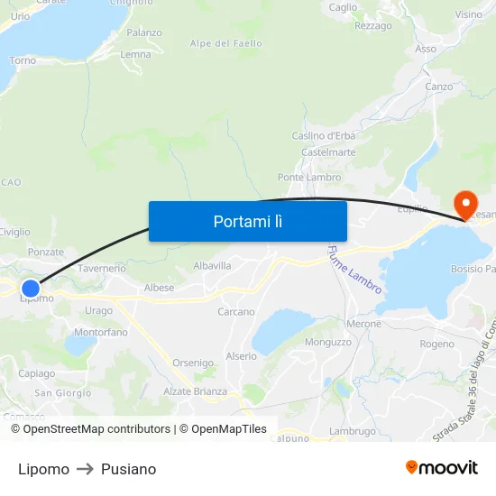 Lipomo to Pusiano map