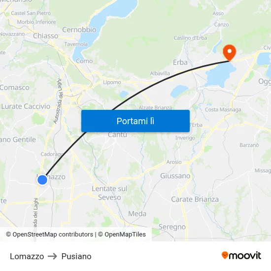 Lomazzo to Pusiano map