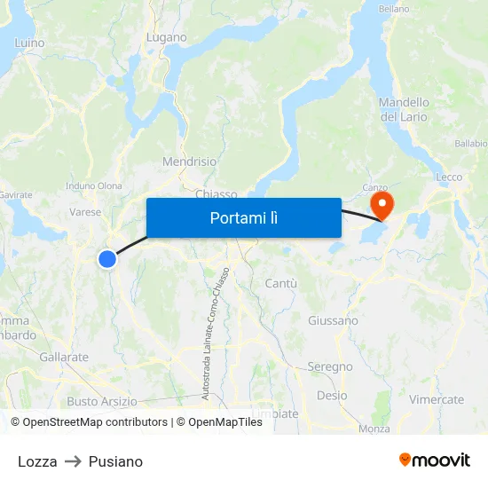 Lozza to Pusiano map