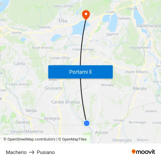 Macherio to Pusiano map