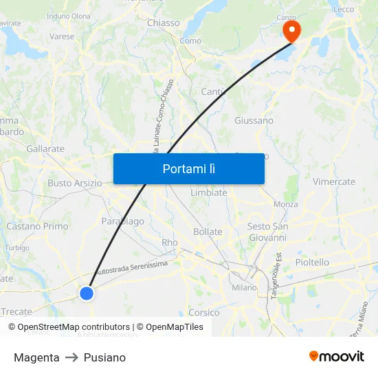 Magenta to Pusiano map