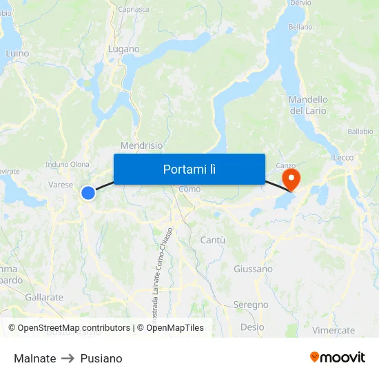 Malnate to Pusiano map