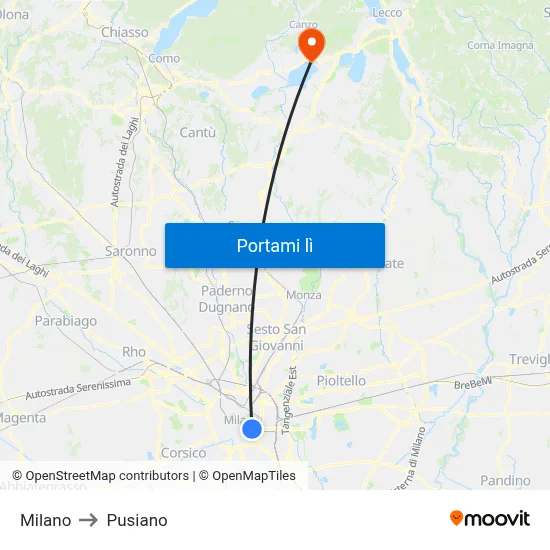 Milano to Pusiano map