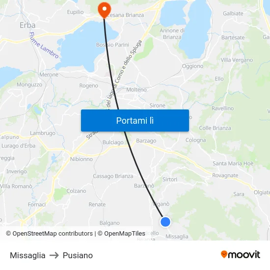 Missaglia to Pusiano map