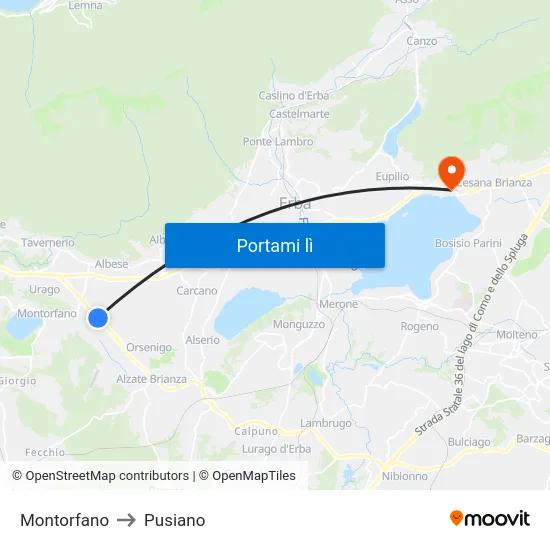 Montorfano to Pusiano map