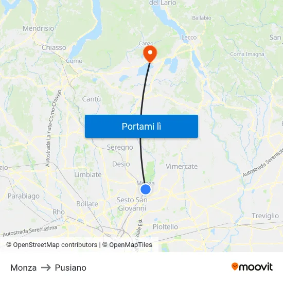 Monza to Pusiano map