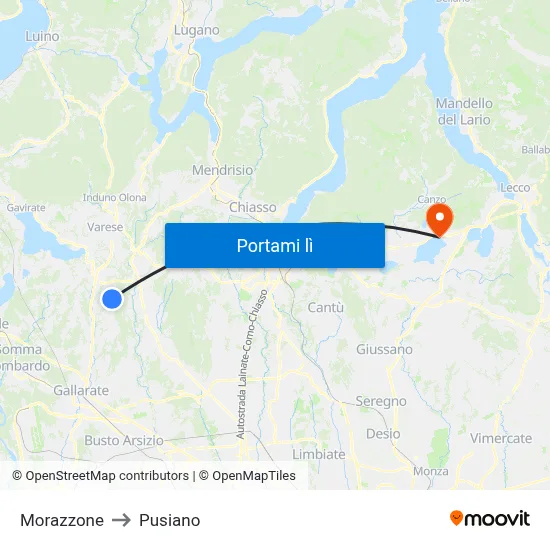 Morazzone to Pusiano map