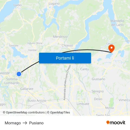 Mornago to Pusiano map