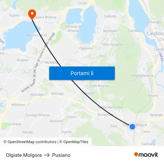 Olgiate Molgora to Pusiano map