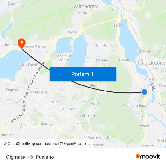 Olginate to Pusiano map